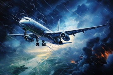 A passenger plane fly at stormy night.