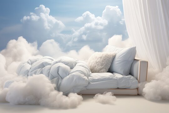 A bed with a blanket and pillows in the clouds.