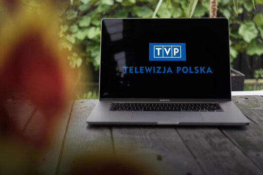 TVP (Telewizja Polska / Polish Television) logo, state media corporation in Poland, displayed on a MacBook Pro screen