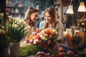 Female florists working in flower shop.