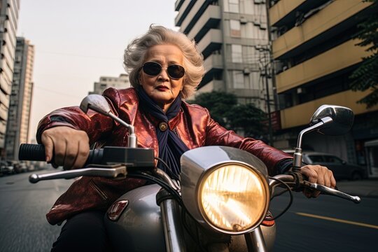 Elderly woman with a fearful look faces the city traffic on her motorbike.