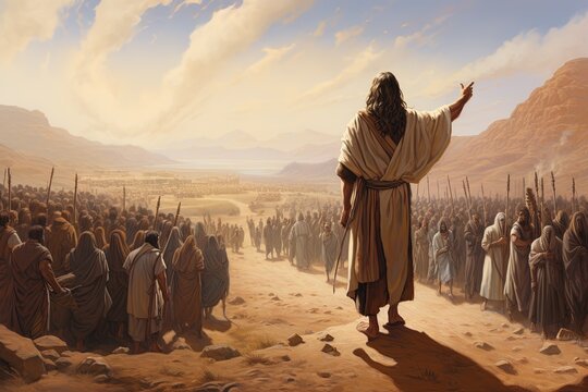 Illustration of Moses leading the people of Israel in the desert.