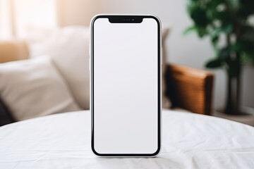 Smart phone at home, white blank empty screen.