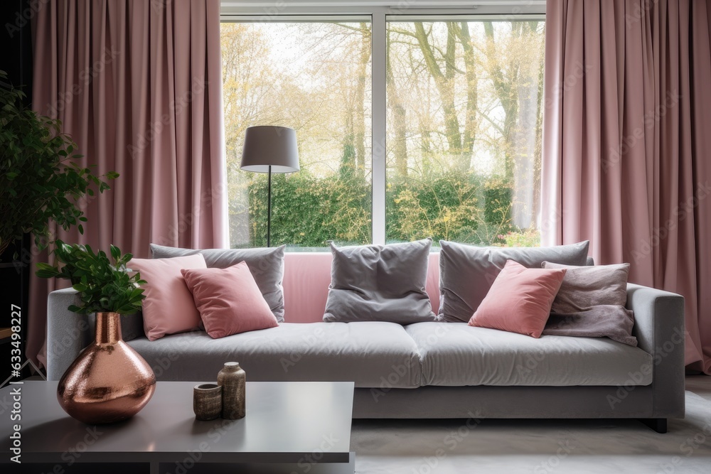 Poster there is a grey sofa adorned with comfortable cushions, accompanied by a lamp positioned next to a l