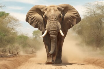 Naklejka na ściany i meble bull elephant charging towards camera in african savannah