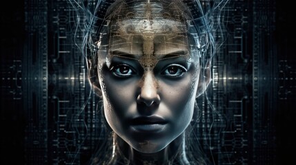 A woman in the computer, the grid, microchip, portraying a voice assistant for example. Great for wallpapers, prints, backgrounds, and more.