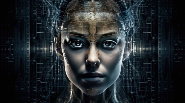 A woman in the computer, the grid, microchip, portraying a voice assistant for example. Great for wallpapers, prints, backgrounds, and more.