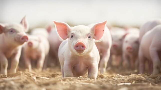 Generative AI, little pigs looking at the camera on a farm