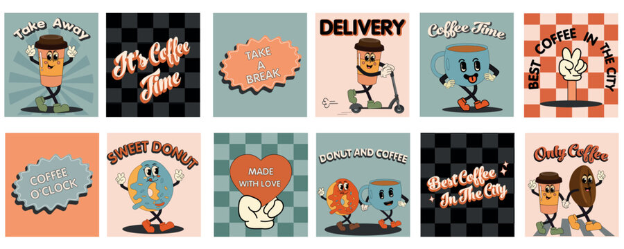 Coffee Retro Cartoon Fast Food Posters And Cards. Comic Character Slogan Quote And Other Elements For Burger Bar Restaurant. Social Media Templates Stories Posts. Groovy Funky Vector Illustration