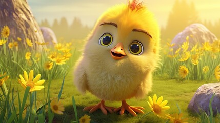  a little yellow chicken standing in a field of flowers and grass.  generative ai