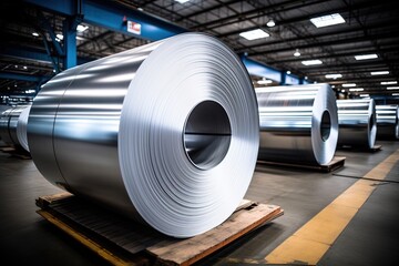 Roll of galvanized steel sheet at metalworking factory.