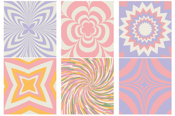 Fototapeta na wymiar Groovy hippie 70s backgrounds. Waves, swirl, twirl pattern with heart, daisy, flower, butterfly. Twisted and distorted vector texture in trendy retro psychedelic style. Y2k aesthetic. Vector 