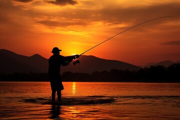 Sunset silhouette fishing. Generative AI.