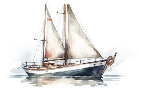 Large sail boat on white background, watercolor style. Generative AI.