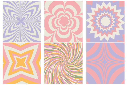 Groovy hippie 70s backgrounds. Waves, swirl, twirl pattern with heart, daisy, flower, butterfly. Twisted and distorted vector texture in trendy retro psychedelic style. Y2k aesthetic. Vector 