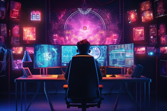 Man working hard and trying to hack system. Generative AI.