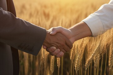 Two farmers shake hands in front of a wheat field. Generative AI.