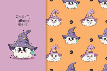 Cute halloween baby ghost. Cartoon card and seamless pattern set. Vector illustration
