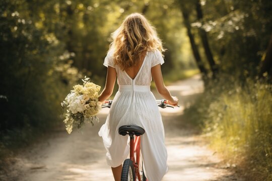 Woman From Behind In White Dress And With A Bicycle. Generative AI.