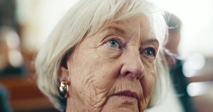 Funeral, service and face of senior woman in a church for final goodbye, respect and burial. Death, service and elderly female widow mourning, loss and grief, RIP and farewell gathering or ceremony
