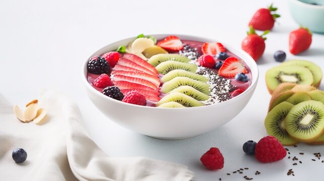  a bowl of fruit with kiwis, raspberries, bananas, and strawberries.  generative ai