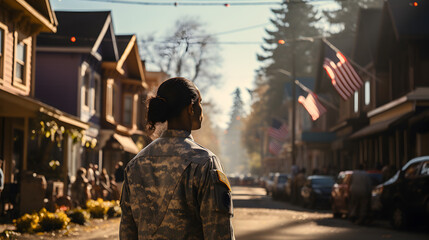 Adult black woman soldier veteran wearing military uniforms standing on street of small town in american countryside, female U.S. soldier coming home. Veteran's day.