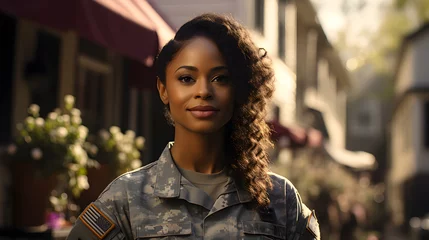 Foto auf Acrylglas Vereinigte Staaten Portrait of proud patriotic american black woman wearing U.S. military uniform smiling looking at camera. USA veterans day, patriotism.