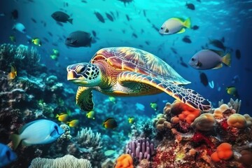Naklejka na ściany i meble turtle with group of colorful fish and sea animals, generative AI