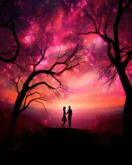 A happy couple poses romantically under a starry night sky. (Generative AI)