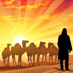 Fototapeta na wymiar A silhouette of an Arab man or bedouin in the desert at sunset with camels. (Generative AI)