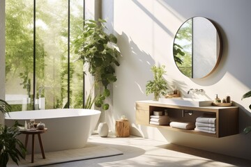 A contemporary, white bathroom designed with an ecofriendly approach. The tile wall showcases the...