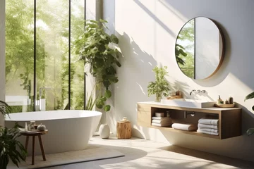 Fotobehang A contemporary, white bathroom designed with an ecofriendly approach. The tile wall showcases the beautiful shadows cast by sunlight streaming in through the window on a sunny day. Incorporating zero © 2rogan