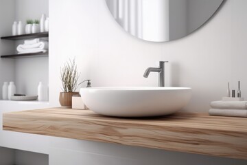 Fototapeta na wymiar White bathroom interior. Empty wooden table top for products, generative AI