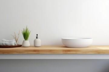 Fototapeta na wymiar White bathroom interior. Empty wooden table top for products, AI generated
