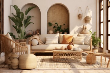 A rendered model showcasing a home interior design concept featuring rattan furniture and bohemianinspired decor.