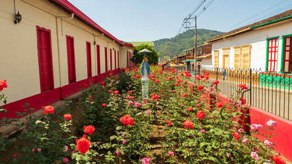 Rose garden with virgin statue, Jardín, Antioquia (Colombia)