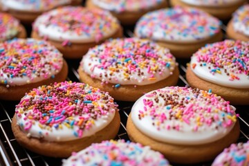 icing and sprinkles on freshly baked cookies - obrazy, fototapety, plakaty