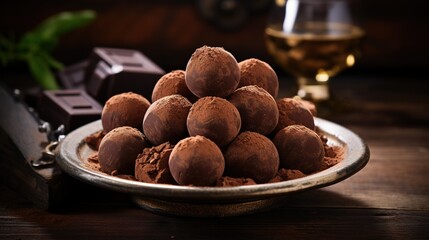  a plate of chocolate truffles on a wooden table.  generative ai