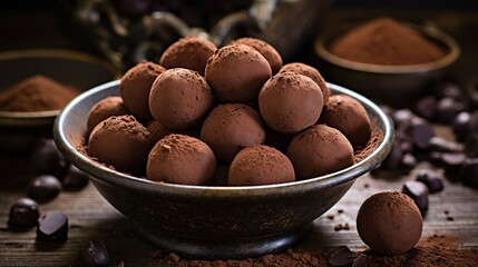  a bowl full of chocolate truffles on a table.  generative ai