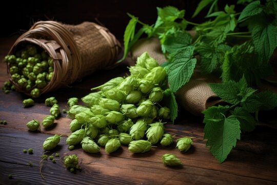 variety of fresh hops on a wooden surface