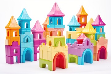 colorful toy castle blocks on white background