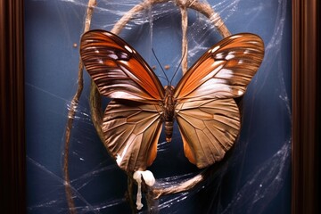 butterfly fully emerged, resting next to empty chrysalis