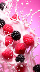 bright pink,berry splash,splashes and drops of fruity yogurt,vertical format,blackberry,raspberry and strawberry.abstract background,ai generated.