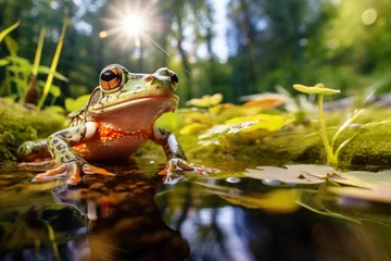 Foto auf Acrylglas frog sitting on the stone  in nature landscape near lake. generative ai © alexanderuhrin