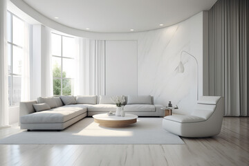Living room design in minimalist style in white with sofa, armchair and table
