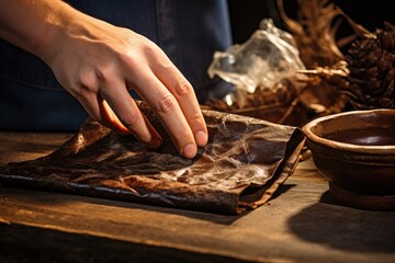 leather wallet being cleaned with a soft cloth