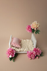 background of the photo zone for shooting. props for photo shoots. wooden bench in peonies