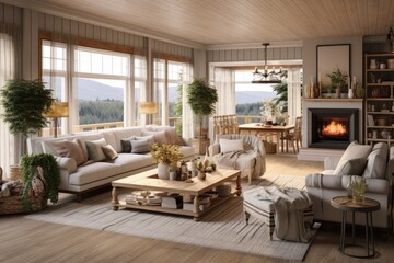 Fototapeta na wymiar A comfortable farmhouseinspired living room interior, represented in a rendering.