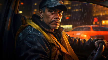 Taxi drivers sitting in car in rainy day portrait, AI Generated