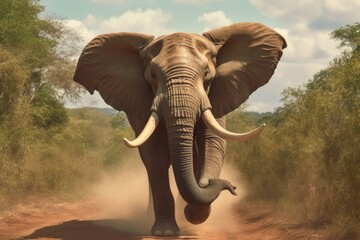 Fototapeta na wymiar bull elephant charging towards camera in african savannah
